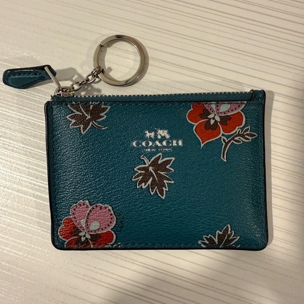 Coach Teal Floral Key & Card Holder